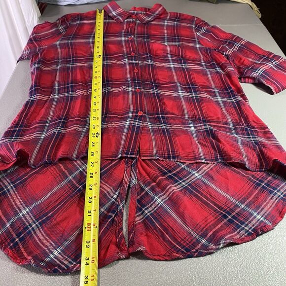 KEREN HART Blouse Plaid Long Sleeve Button Down Tulip Split Back Womens XL Red - Picture 8 of 11
